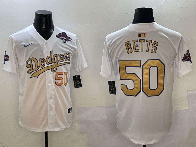 Men Los Angeles Dodgers 50 Betts White Champion gold character 2025 Nike MLB Jersey style 2